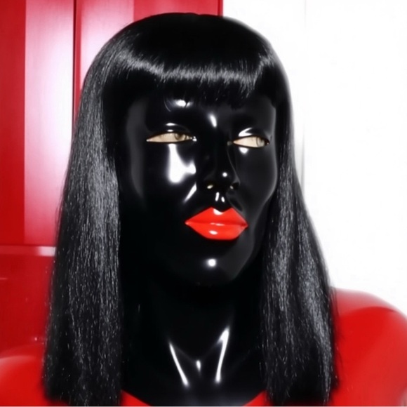 Sissy Crossdresser Black Latex mask BDSM Fetish with red Lipstick - Picture 5 of 6